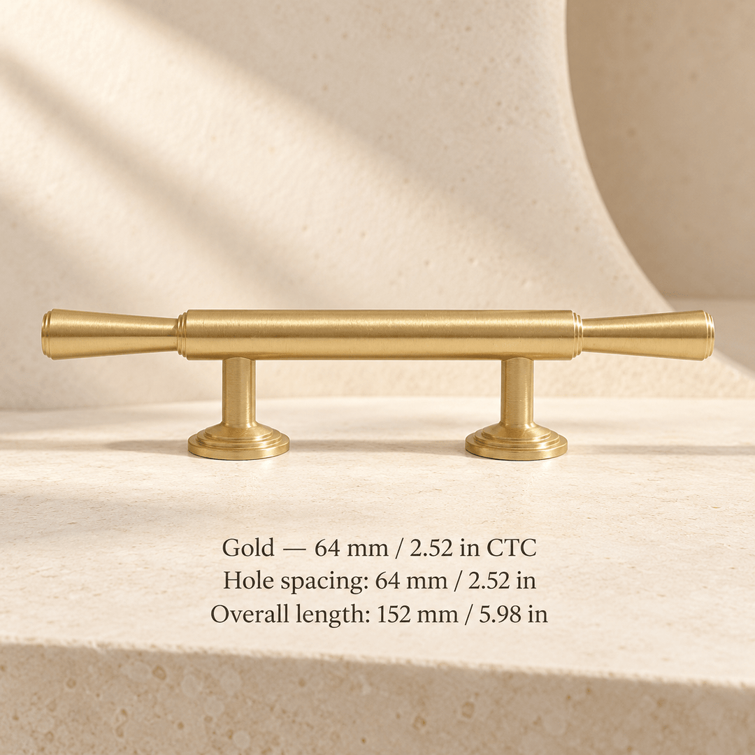 Finial cabinet hardware — Gold — 64 mm / 2.52 in CTC; Hole spacing: 64 mm / 2.52 in; Overall length: 152 mm / 5.98 in — ivory stone studio