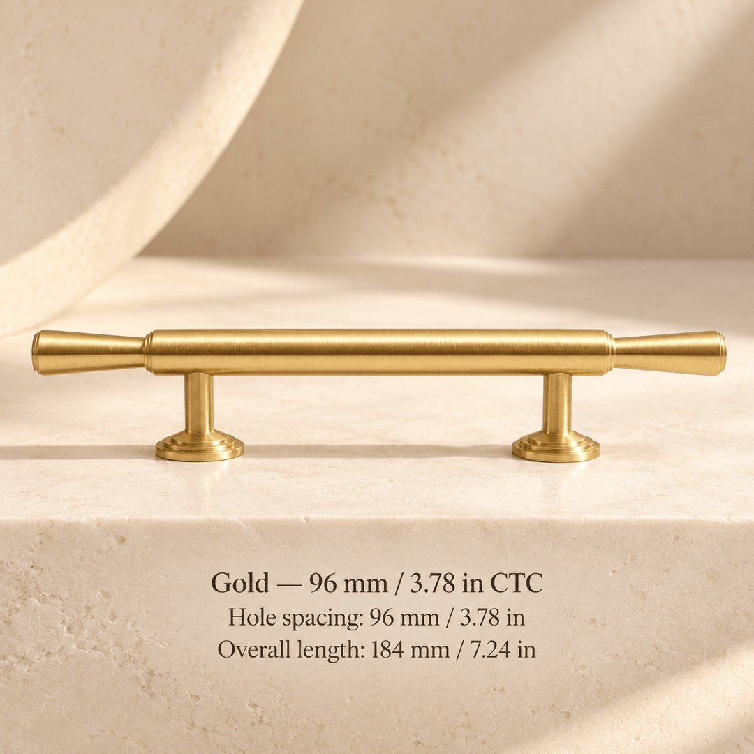 Finial cabinet hardware — Gold — 96 mm / 3.78 in CTC; Hole spacing: 96 mm / 3.78 in; Overall length: 184 mm / 7.24 in — ivory stone studio