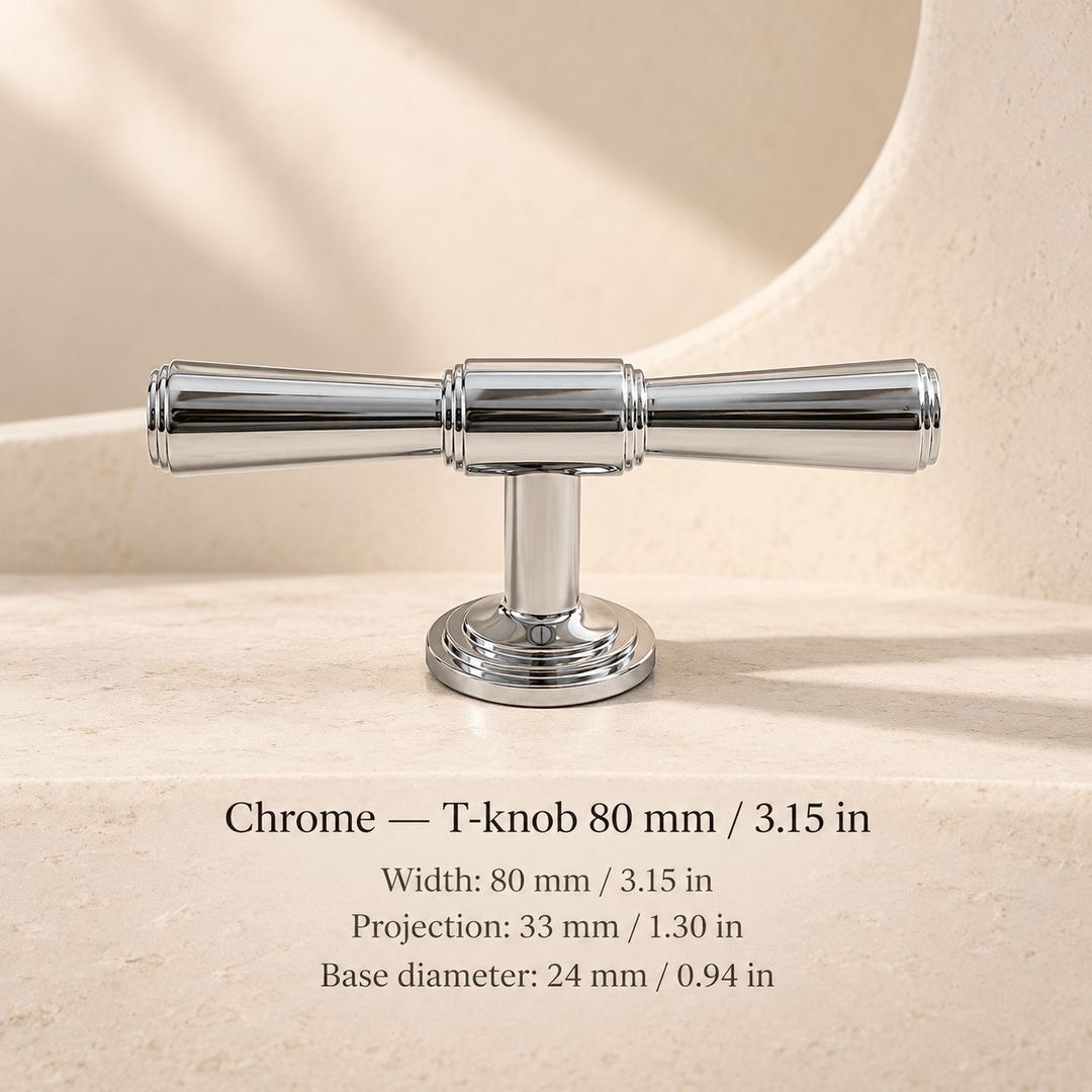 Finial cabinet hardware — Chrome — T-knob 80 mm / 3.15 in; Width: 80 mm / 3.15 in; Projection: 33 mm / 1.30 in; Base diameter: 24 mm / 0.94 in — ivory stone studio