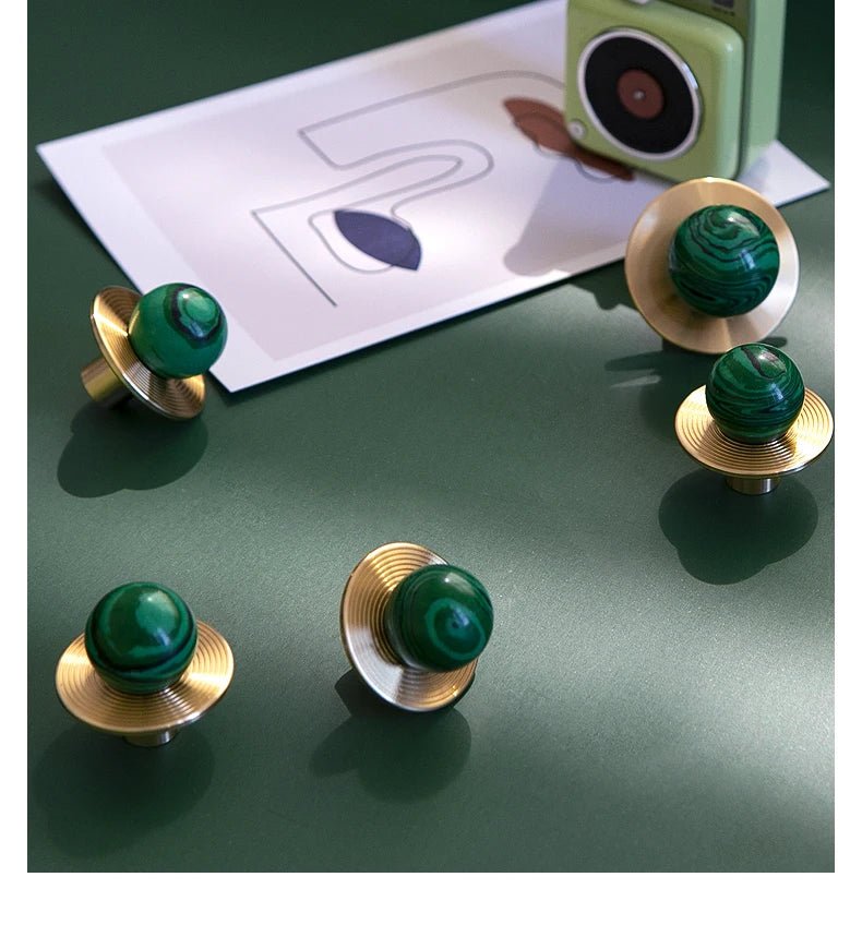 Elegant Green Stone Knobs – Brass Base Cabinet Pulls for Furniture