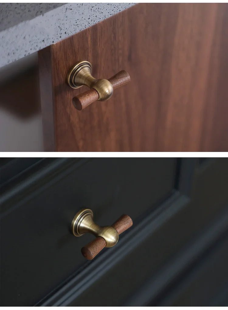 Elegant Walnut & Brass Knobs – Modern Wooden Pull Handles for Drawers