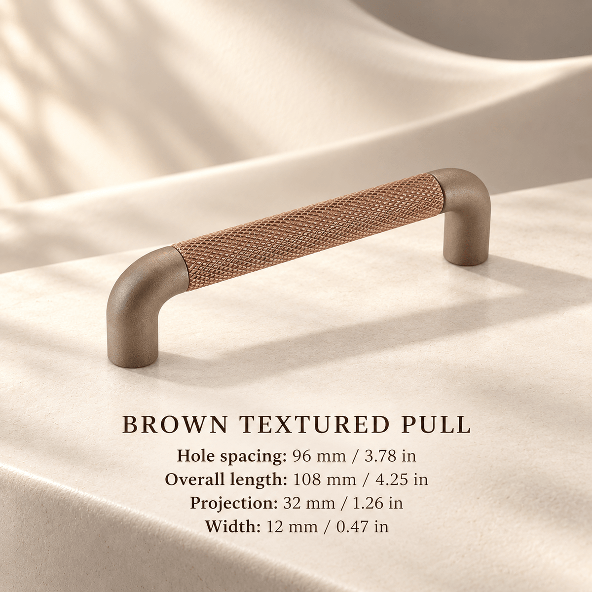 Brown textured aluminum cabinet pull — Hole spacing: 96 mm / 3.78 in; Overall length: 108 mm / 4.25 in; Projection: 32 mm / 1.26 in; Width: 12 mm / 0.47 in