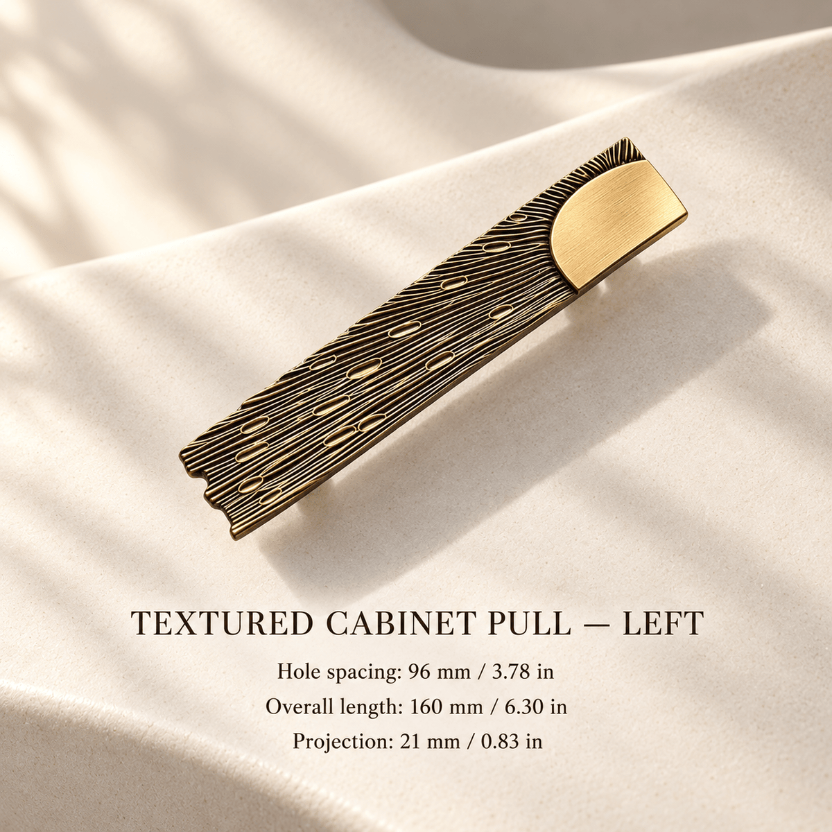 Left-facing textured antique bronze cabinet pull, 96 mm hole spacing, individual millimeter and inch measurements in an ivory studio