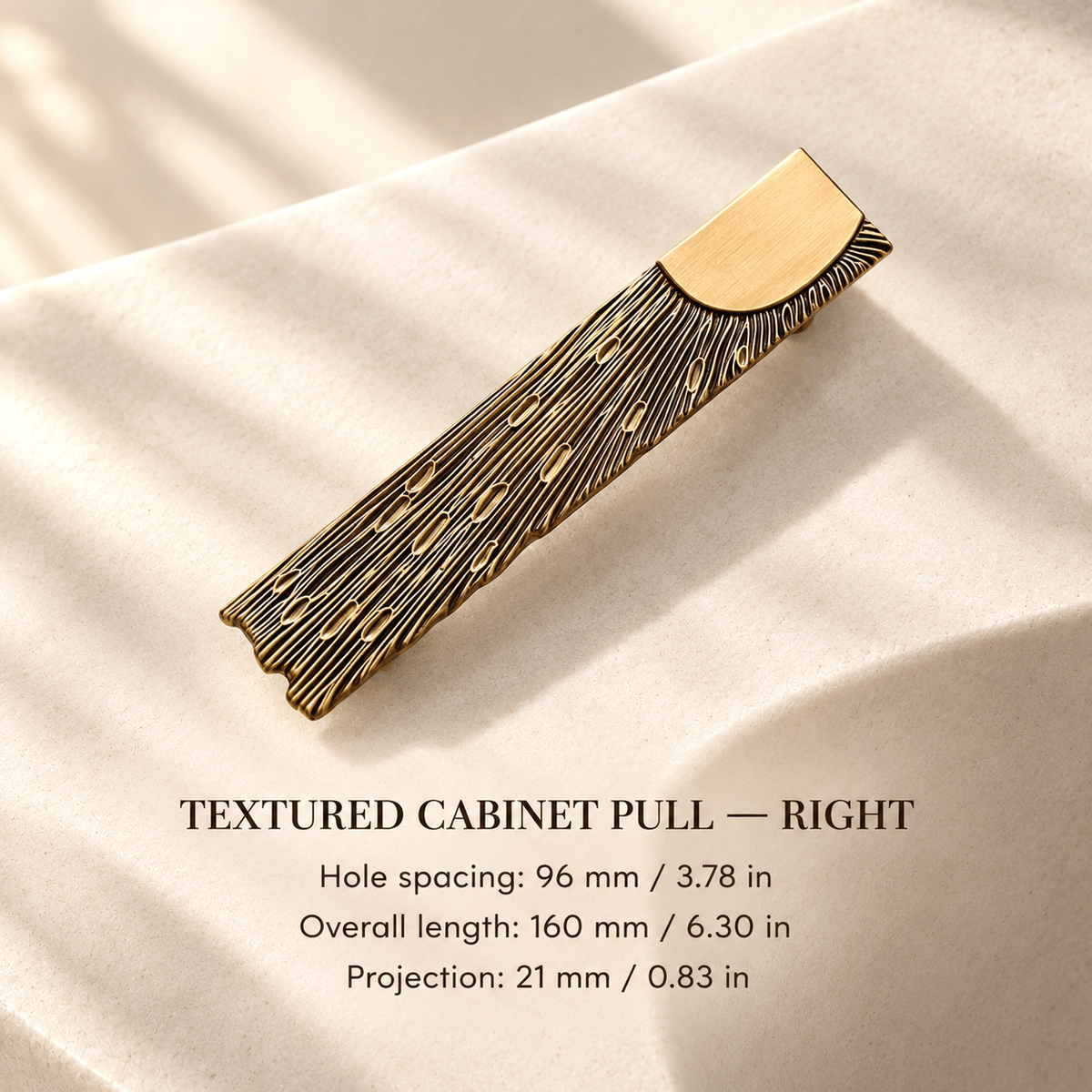 Right-facing textured antique bronze cabinet pull, 96 mm hole spacing, individual millimeter and inch measurements in an ivory studio