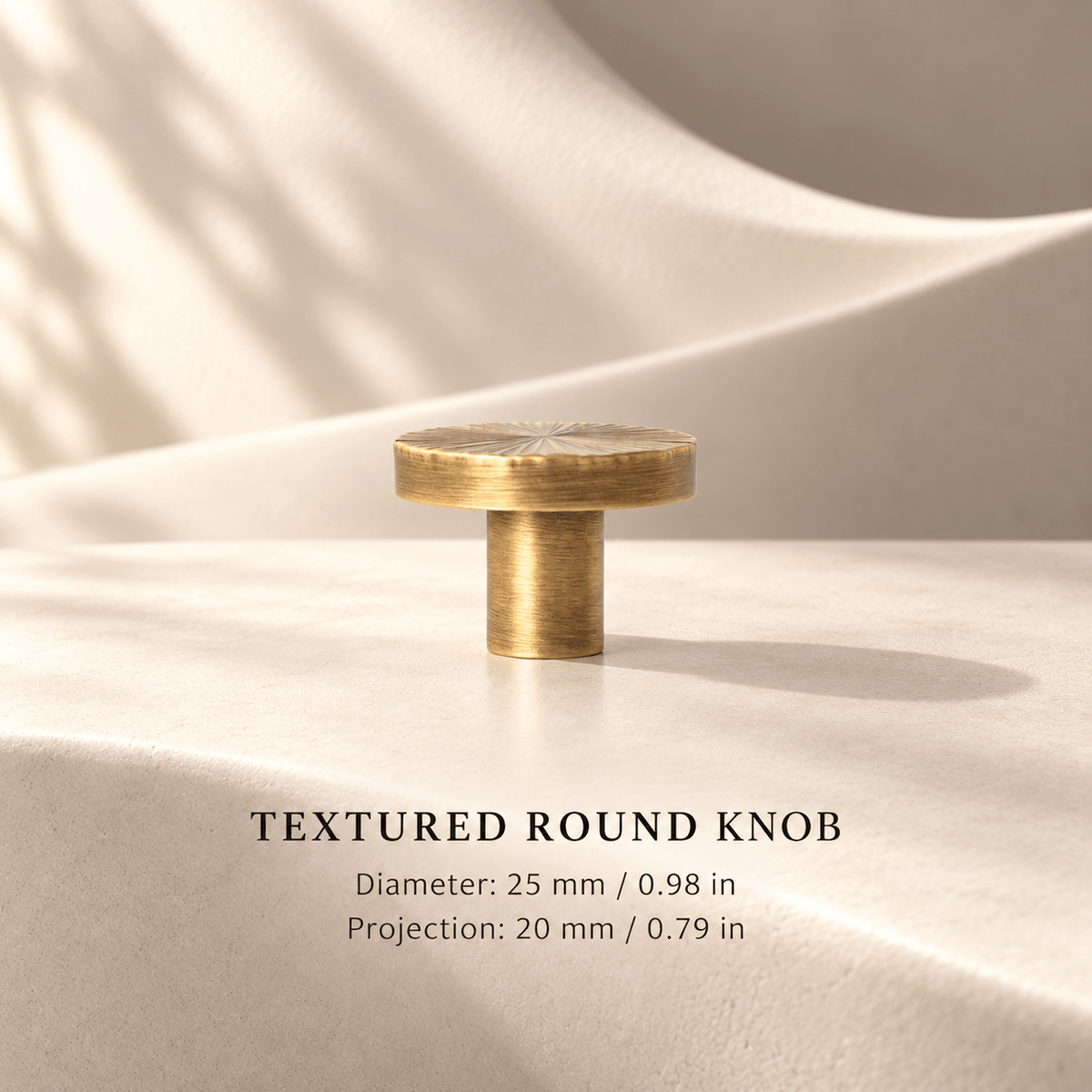 Antique-gold textured round knob 25 mm — measurements in millimeters and inches