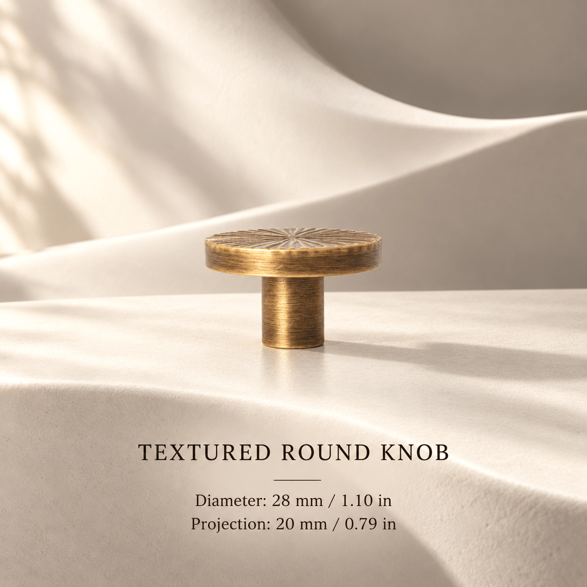 Antique-gold textured round knob 28 mm — measurements in millimeters and inches