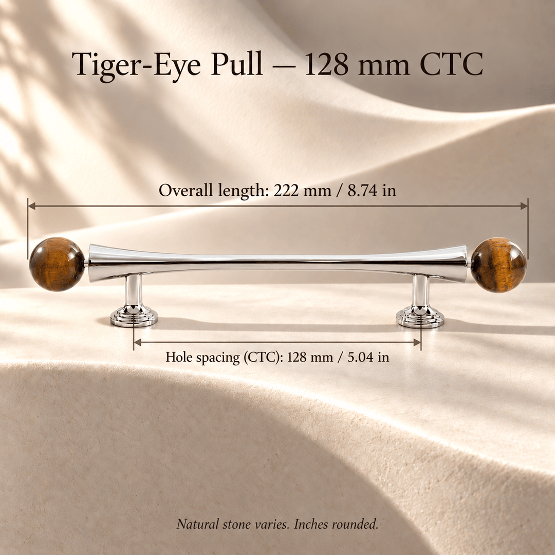 Tiger-eye stone-ended silver cabinet pull, 128 mm CTC, individual overall length and hole spacing in mm and inches