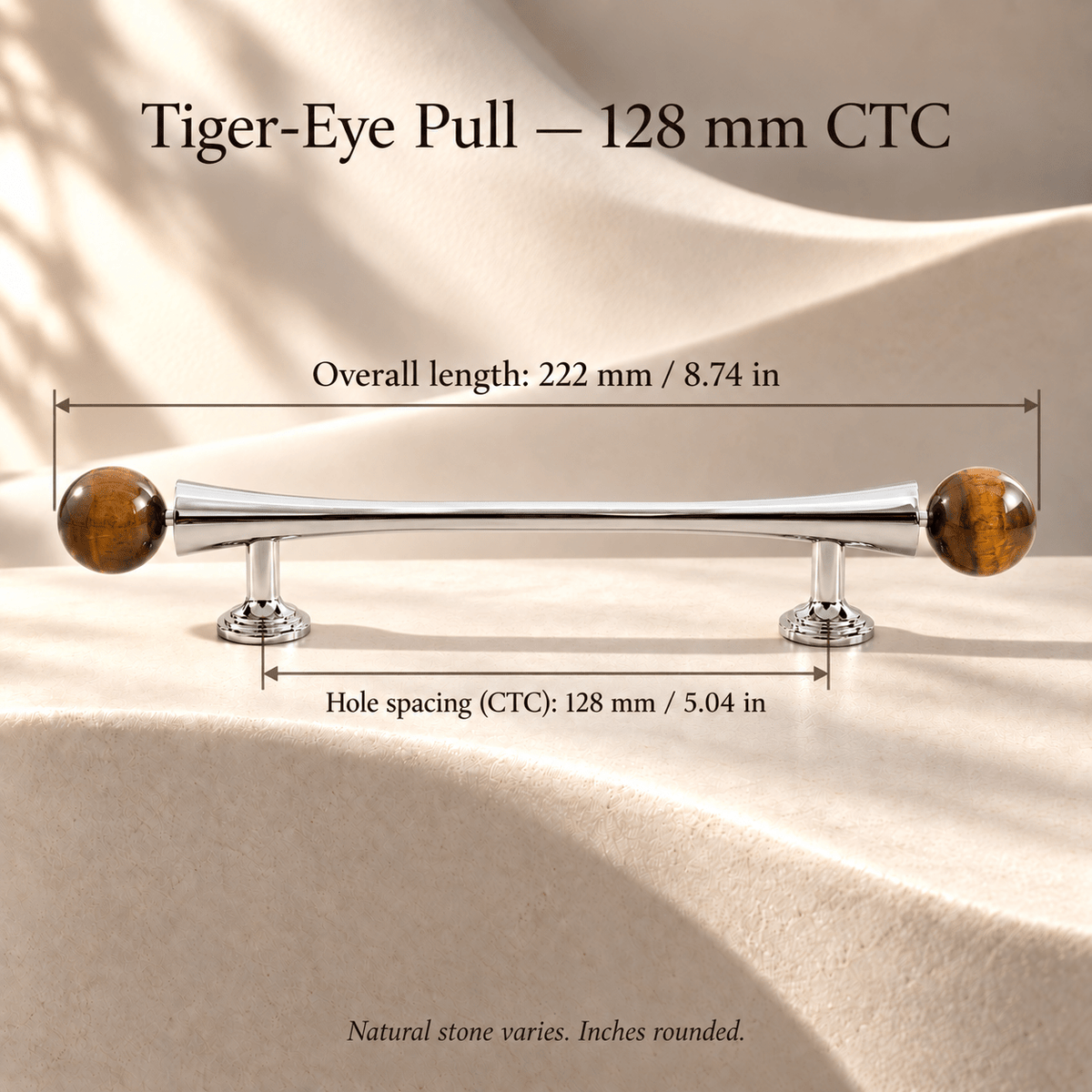 Tiger-eye stone-ended silver cabinet pull, 128 mm CTC, individual overall length and hole spacing in mm and inches
