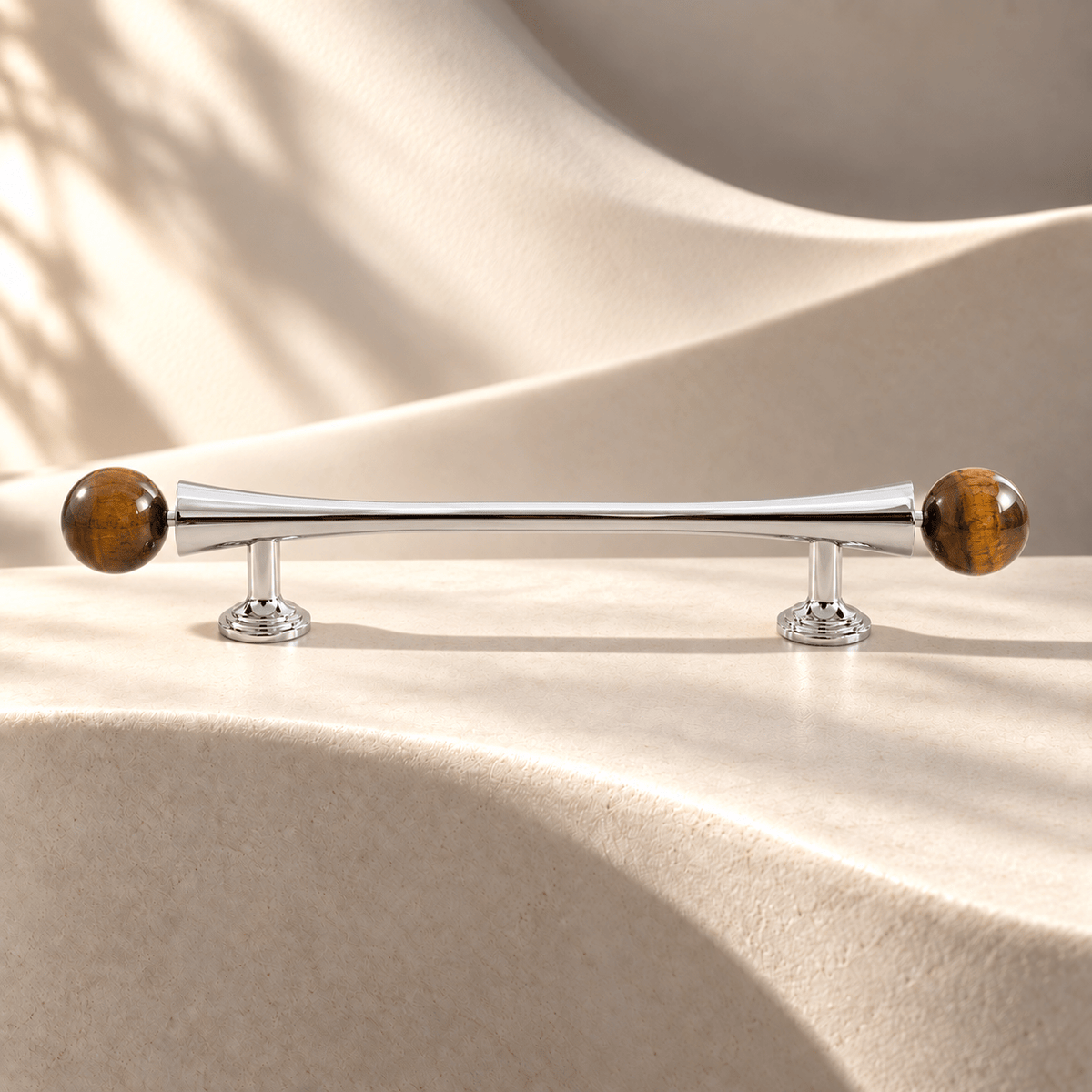 Tiger-eye stone-ended silver cabinet pull, 128 mm CTC, ivory stone studio