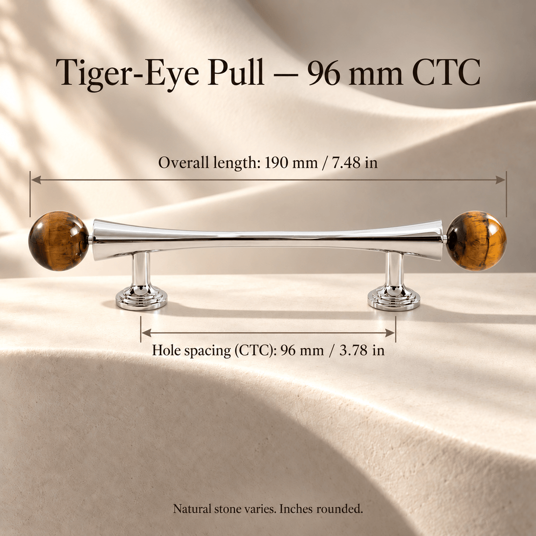 Tiger-eye stone-ended silver cabinet pull, 96 mm CTC, individual overall length and hole spacing in mm and inches