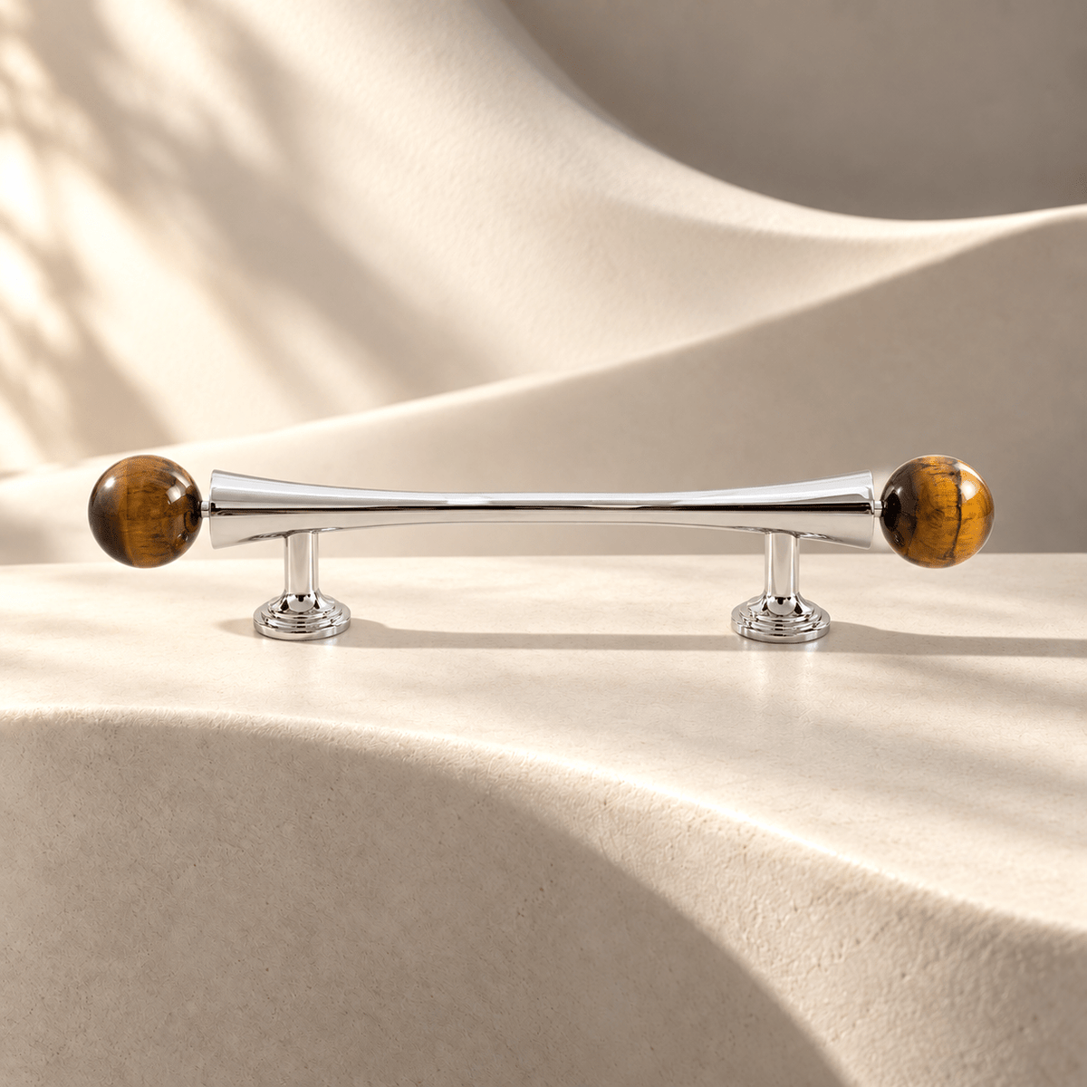 Tiger-eye stone-ended silver cabinet pull, 96 mm CTC, ivory stone studio
