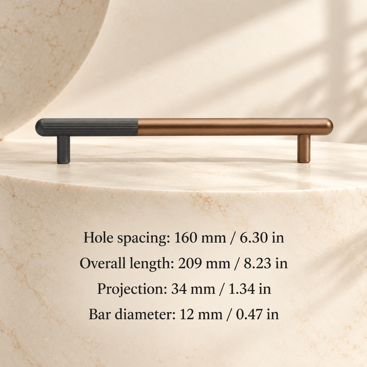 bronze brown and dark gray two-tone cabinet pull in ivory studio. Hole spacing: 160 mm / 6.30 in; Overall length: 209 mm / 8.23 in; Projection: 34 mm / 1.34 in; Bar diameter: 12 mm / 0.47 in