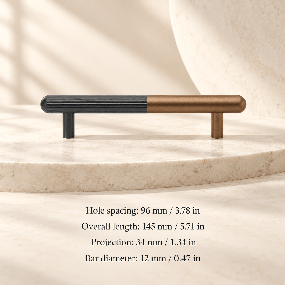 bronze brown and dark gray two-tone cabinet pull in ivory studio. Hole spacing: 96 mm / 3.78 in; Overall length: 145 mm / 5.71 in; Projection: 34 mm / 1.34 in; Bar diameter: 12 mm / 0.47 in