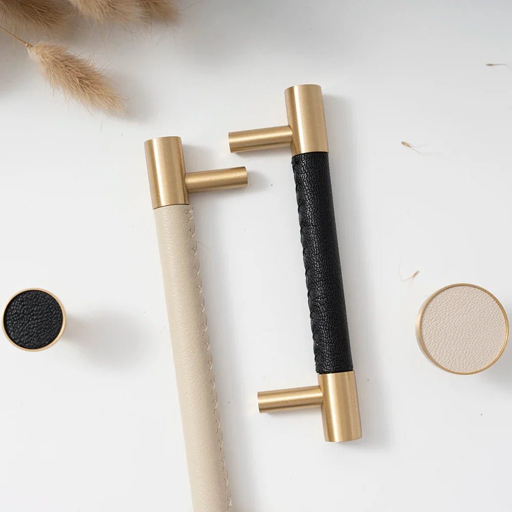 Green leather and brass cabinet handles for a chic look