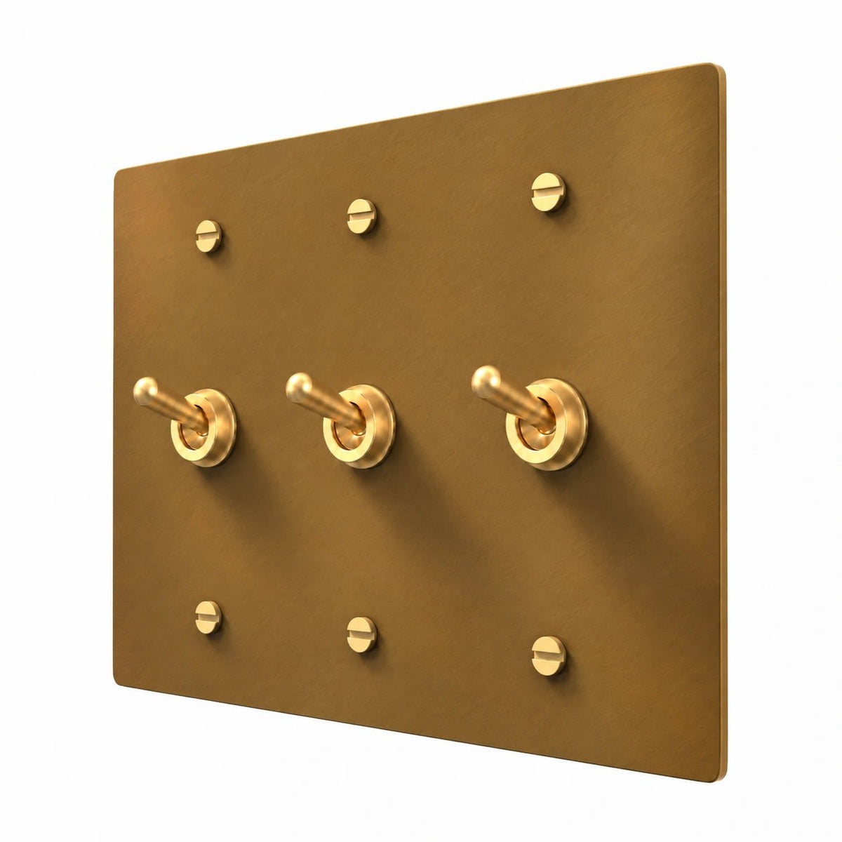 3 gang unlacquered aged brass switch plate with retro toggle