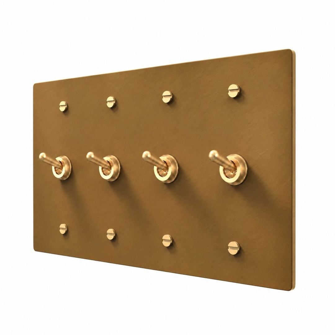 4 gang unlacquered aged brass retro toggle switch