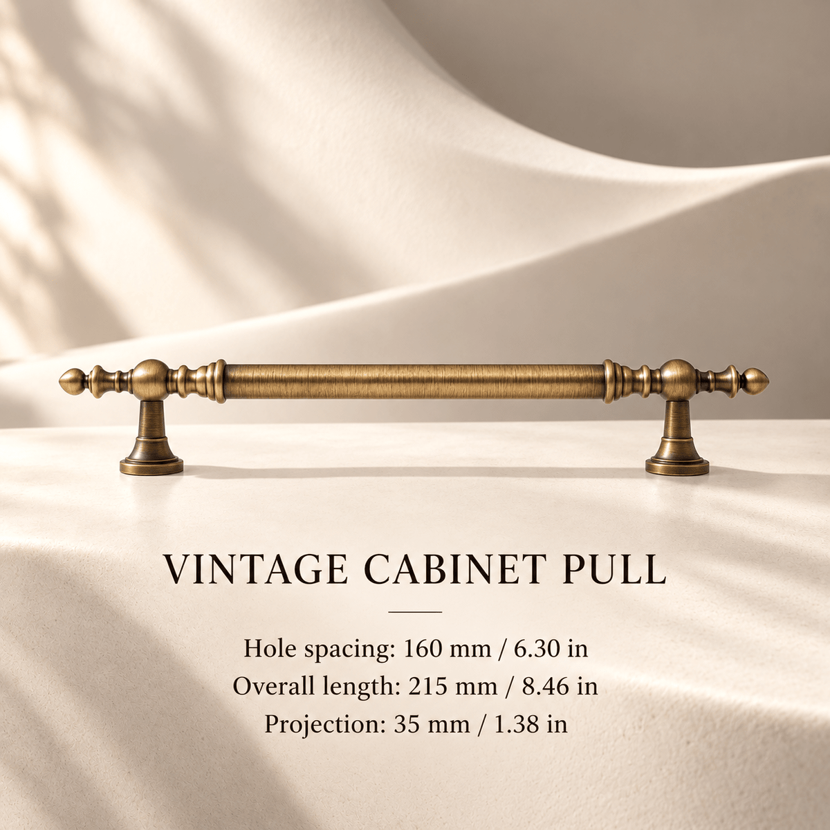 Vintage bronze-toned cabinet pull — Hole spacing: 160 mm / 6.30 in; Overall length: 215 mm / 8.46 in; Projection: 35 mm / 1.38 in