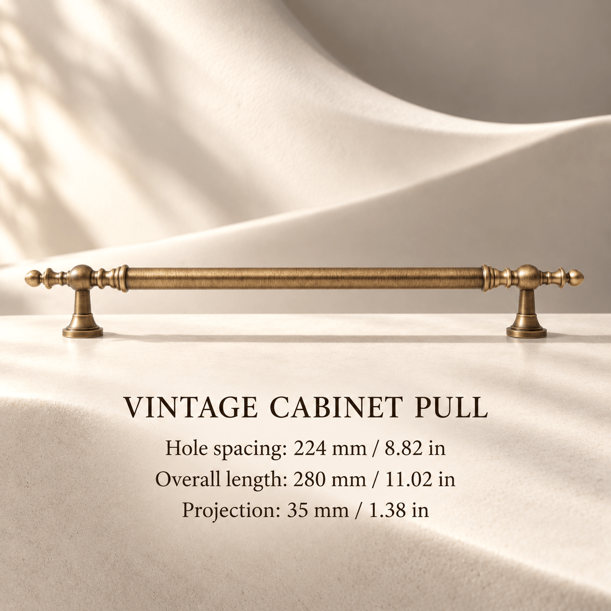 Vintage bronze-toned cabinet pull — Hole spacing: 224 mm / 8.82 in; Overall length: 280 mm / 11.02 in; Projection: 35 mm / 1.38 in