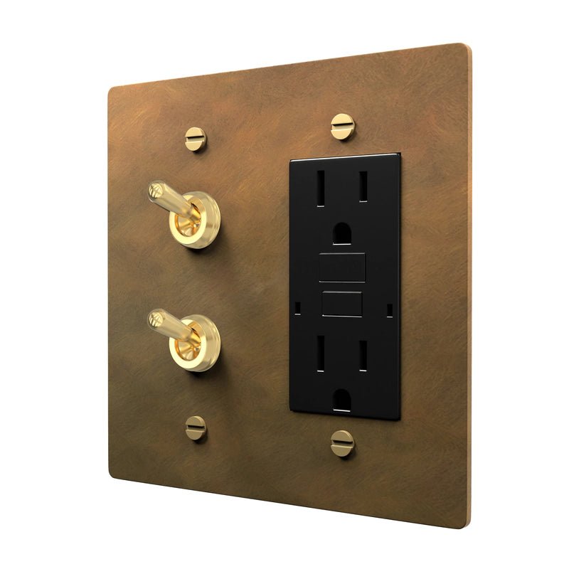 Brass Double Toggle & Outlet Switch Plate Retro