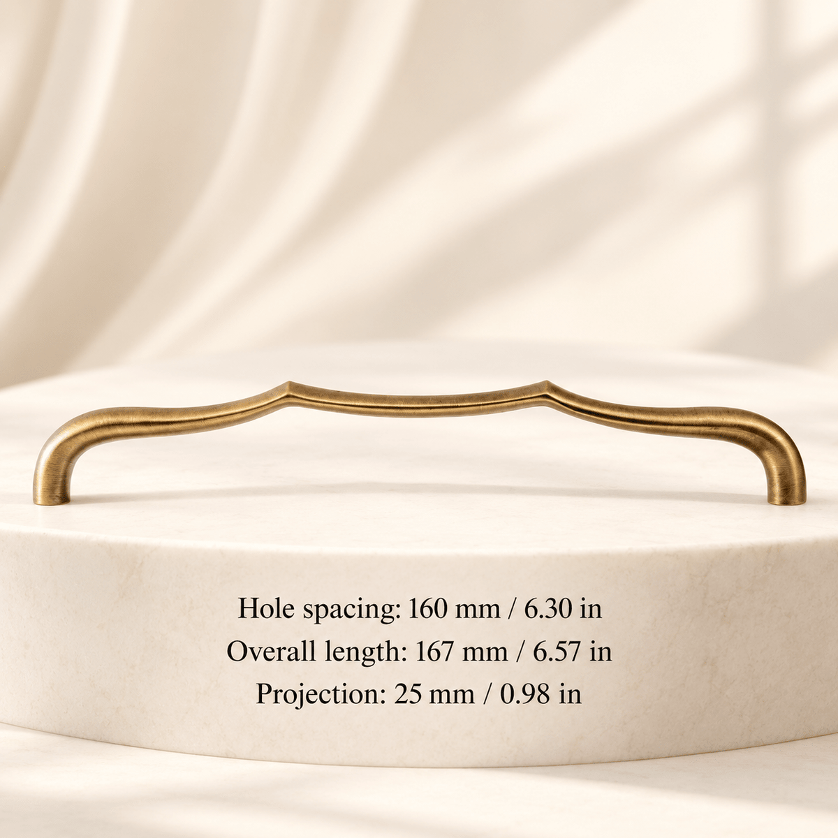 Bronze — 160 mm / 6.30 in CTC; Hole spacing: 160 mm / 6.30 in; Overall length: 167 mm / 6.57 in; Projection: 25 mm / 0.98 in on ivory stone studio background