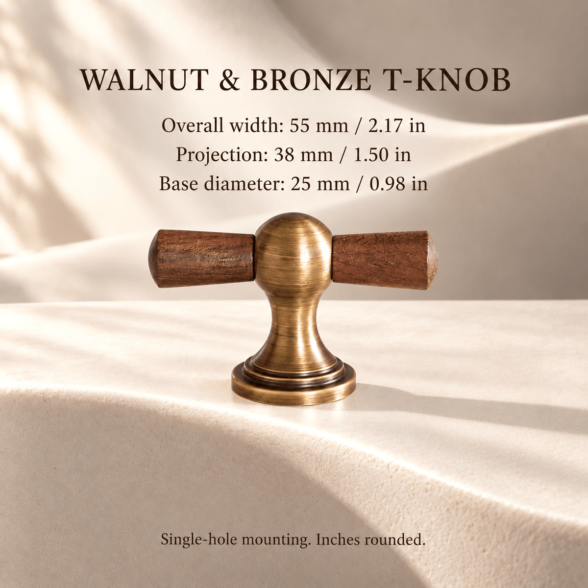 Walnut bronze T-knob — individual dimensions in millimeters and inches