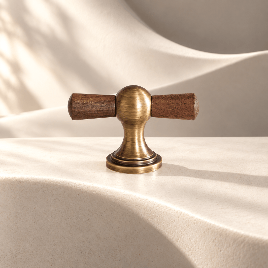 Walnut bronze T-knob in warm ivory sunlight studio