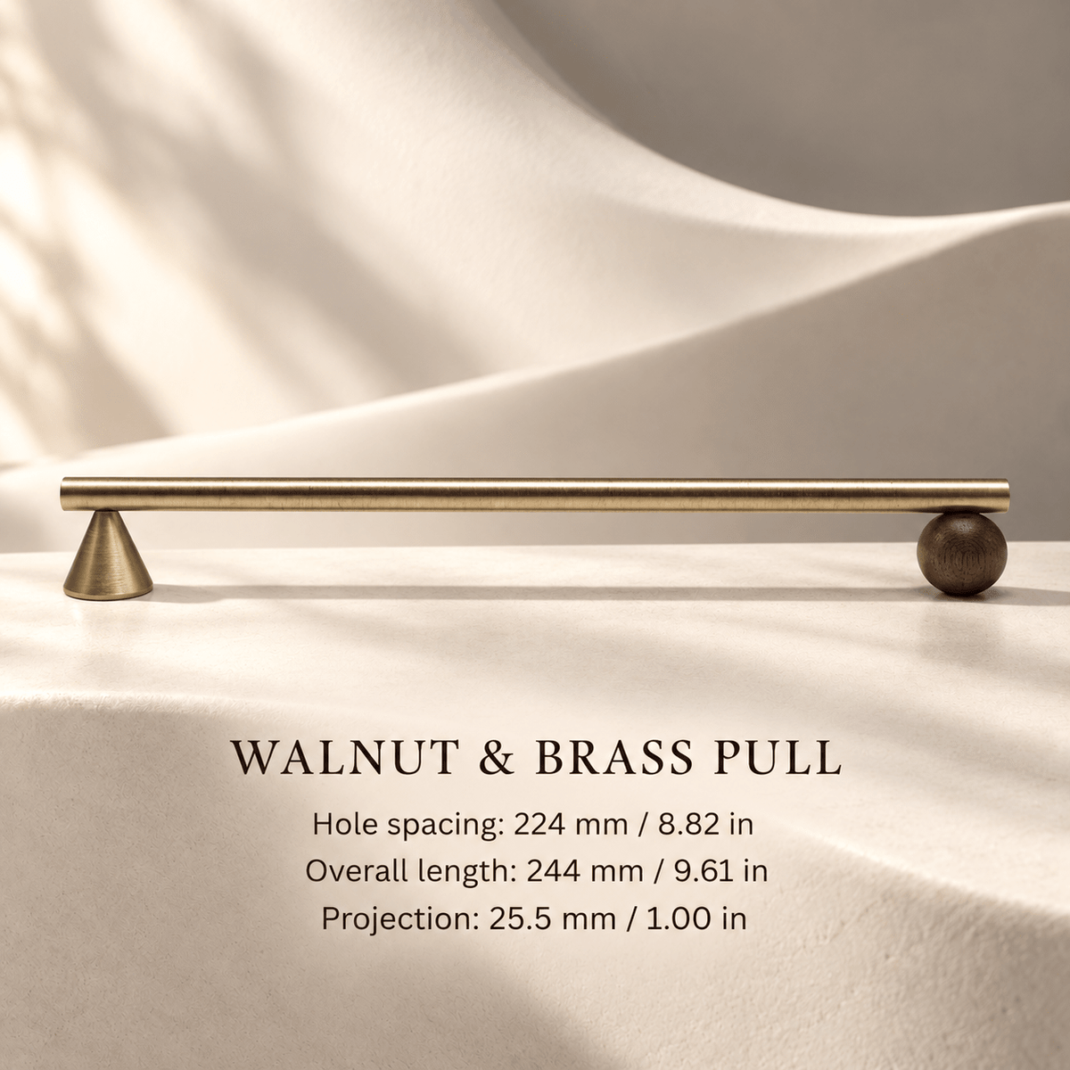 Walnut and brass pull — Hole spacing: 224 mm / 8.82 in; Overall length: 244 mm / 9.61 in; Projection: 25.5 mm / 1.00 in