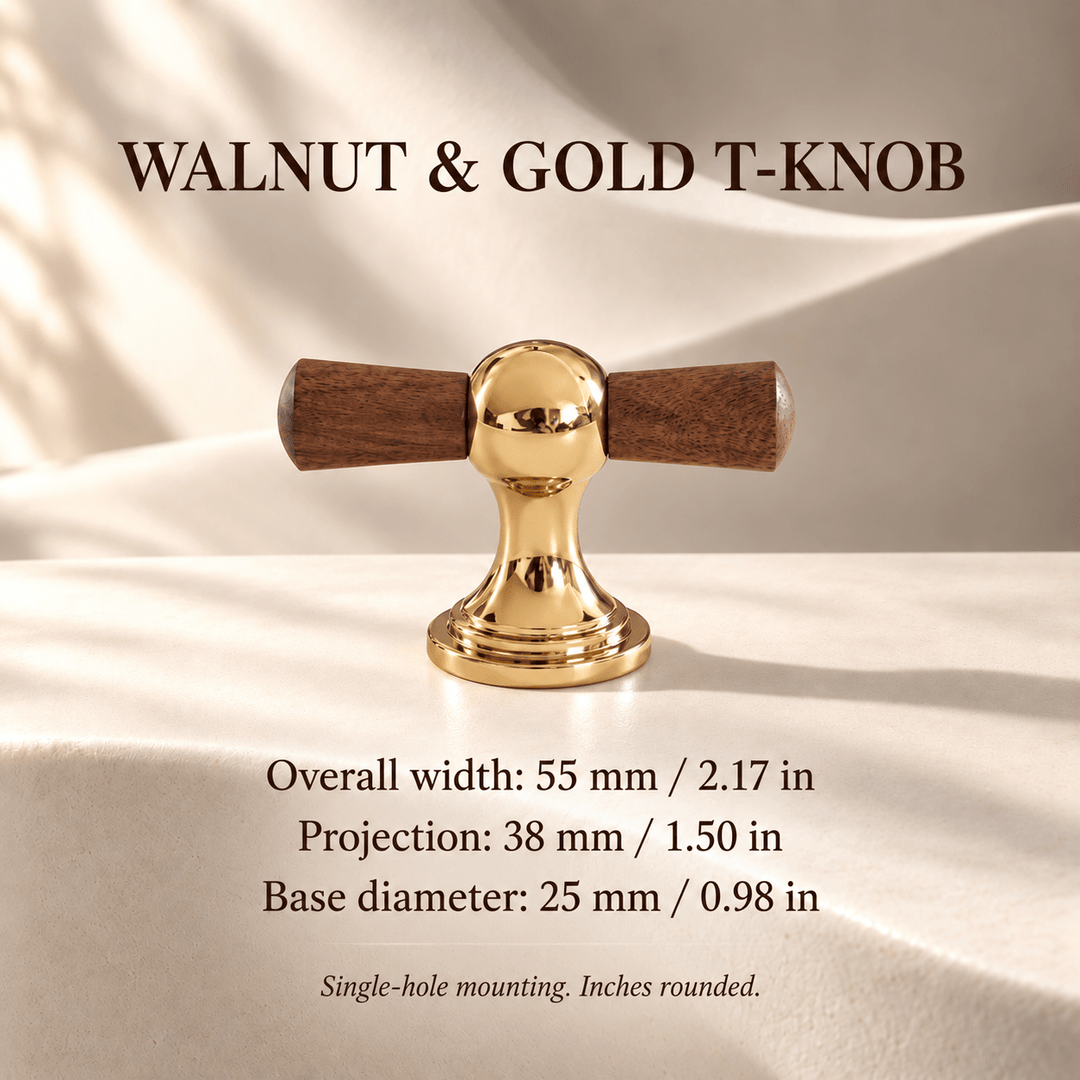 Walnut gold T-knob — individual dimensions in millimeters and inches