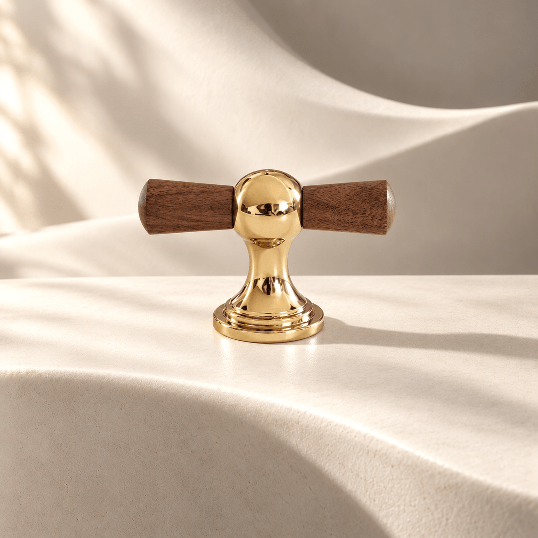 Walnut gold T-knob in warm ivory sunlight studio