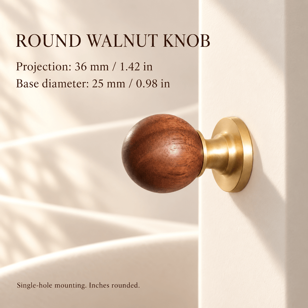 Walnut round knob with satin gold-tone base — individual dimensions in millimeters and inches