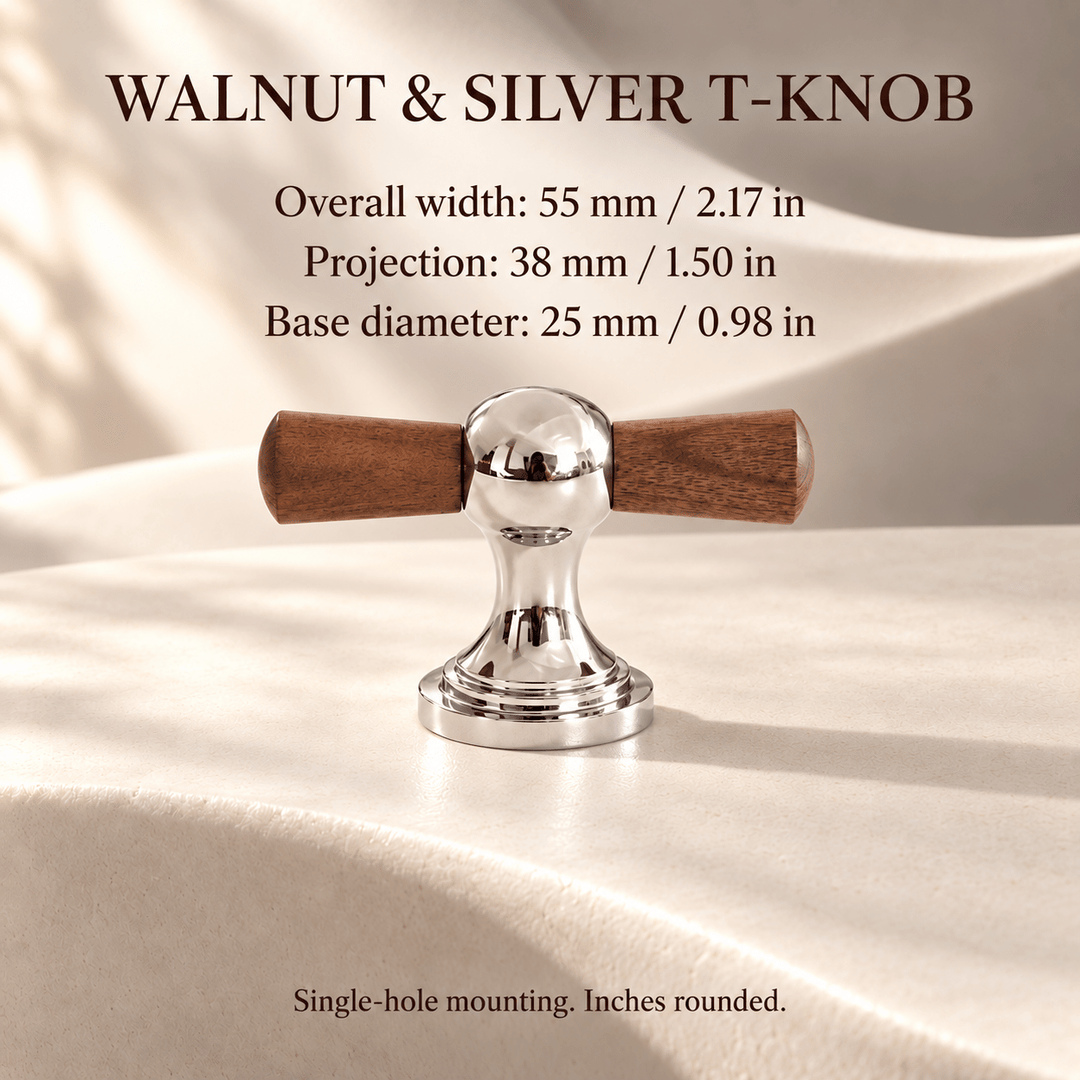 Walnut silver T-knob — individual dimensions in millimeters and inches