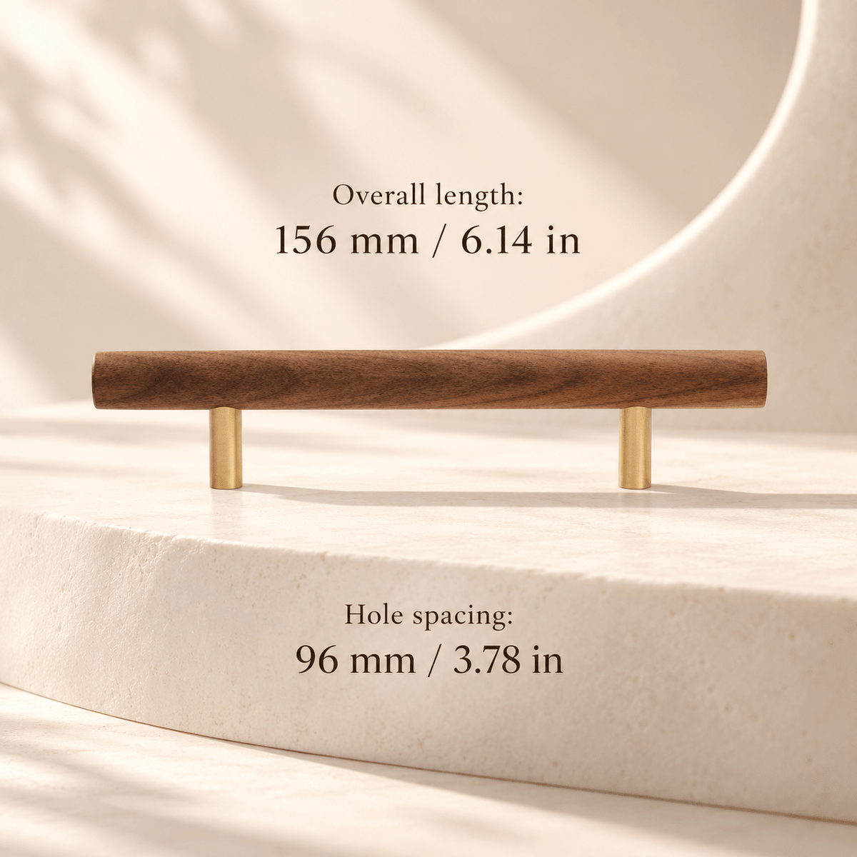 Walnut wood cabinet pull — Hole spacing: 96 mm / 3.78 in; Overall length: 156 mm / 6.14 in — ivory studio