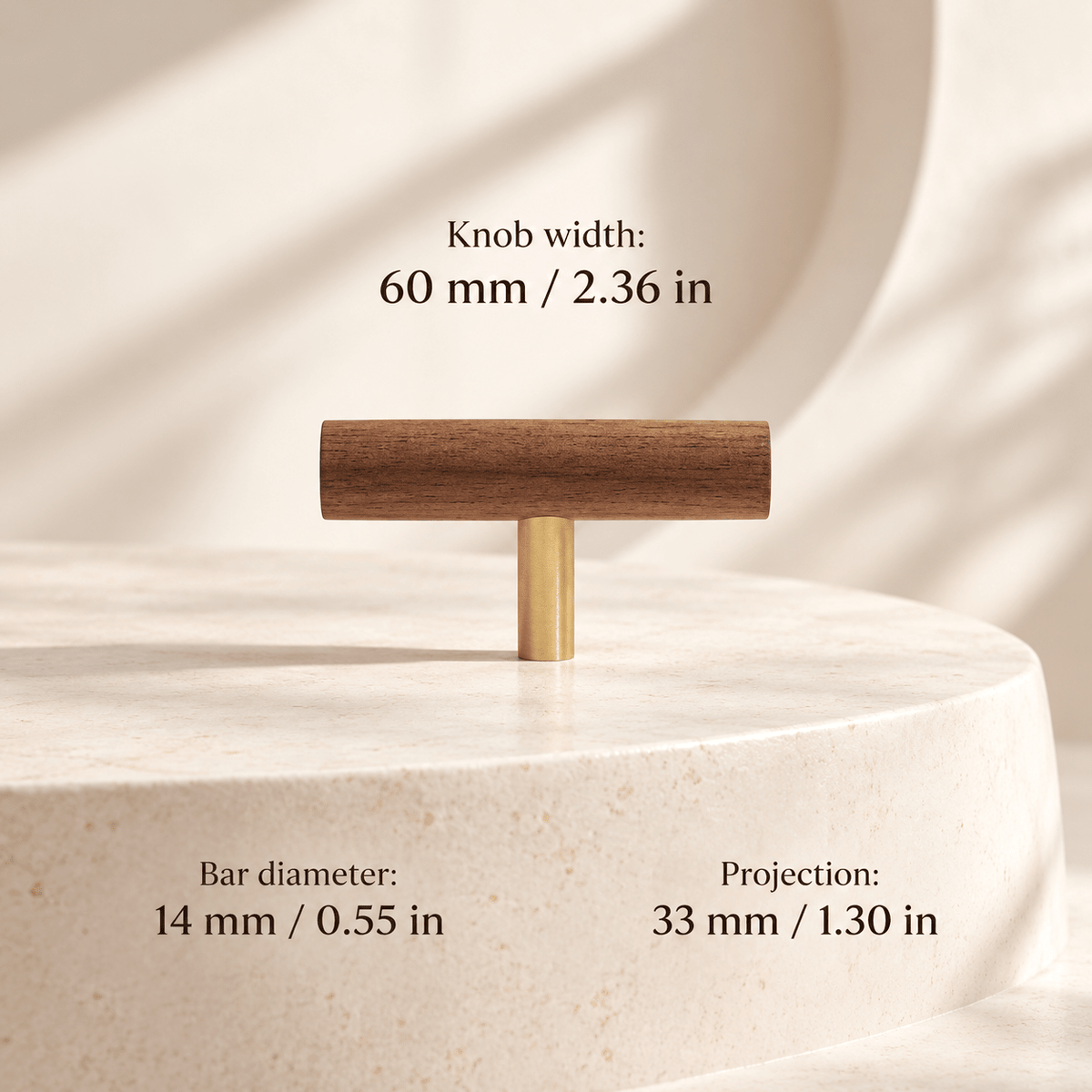Walnut wood T knob — Knob width: 60 mm / 2.36 in; Projection: 33 mm / 1.30 in; Bar diameter: 14 mm / 0.55 in — ivory studio