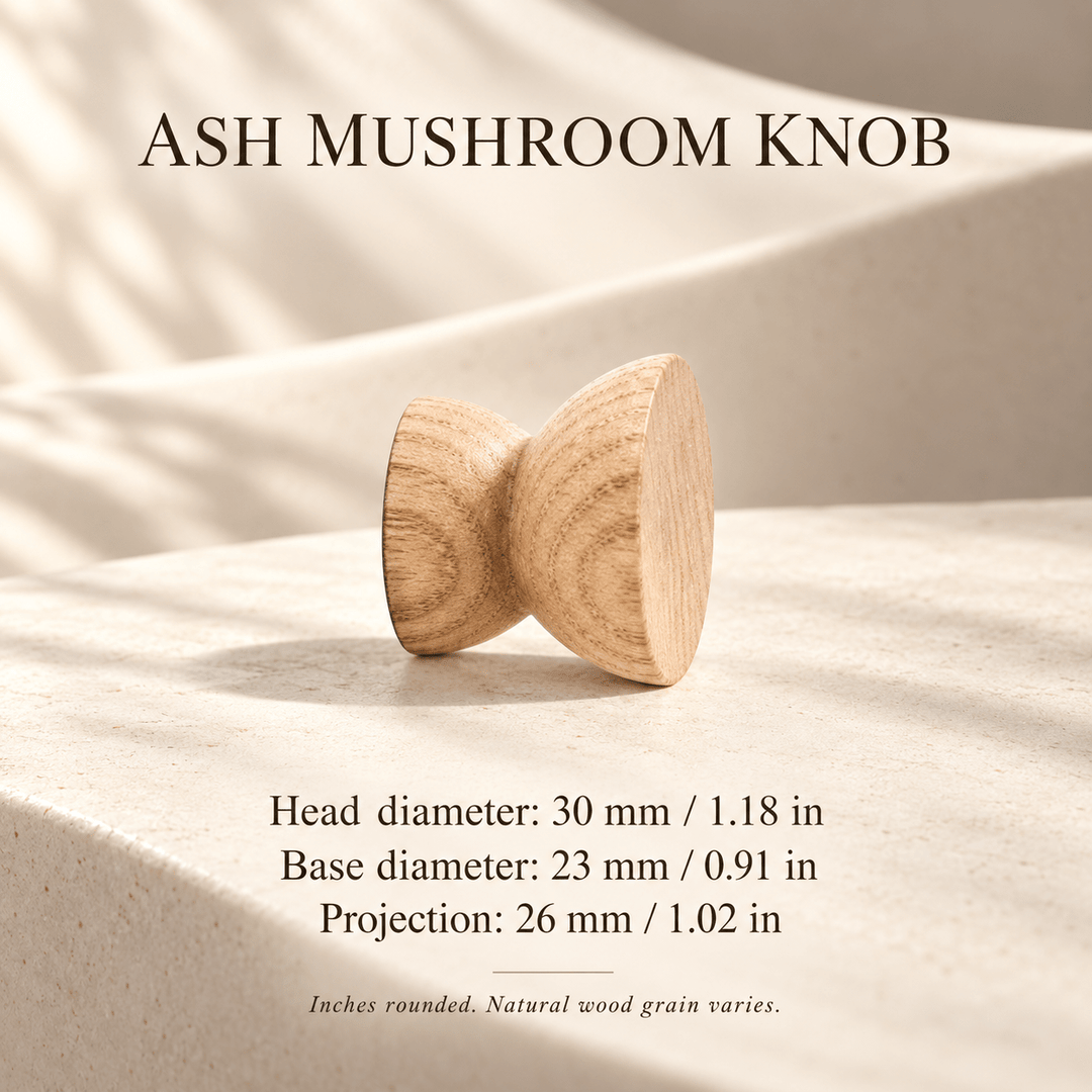 Ash mushroom knob on ivory stone; head diameter 30 mm / 1.18 in, base diameter 23 mm / 0.91 in, projection 26 mm / 1.02 in