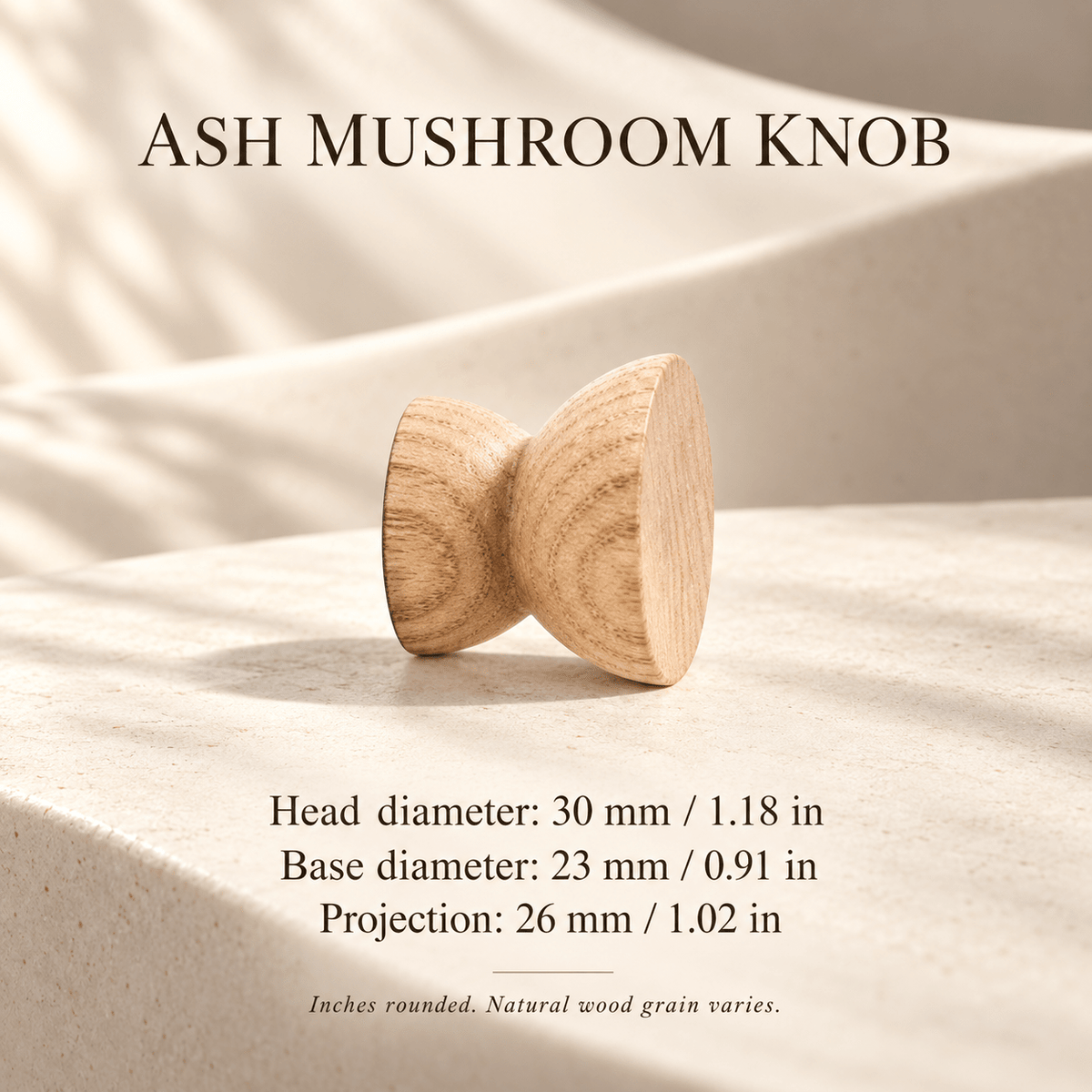 Ash mushroom knob on ivory stone; head diameter 30 mm / 1.18 in, base diameter 23 mm / 0.91 in, projection 26 mm / 1.02 in