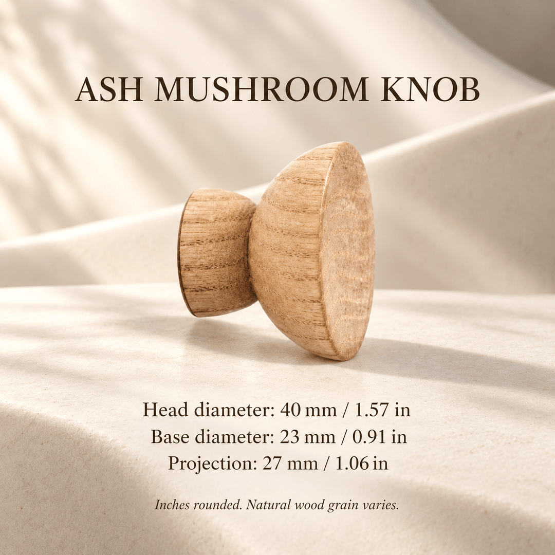 Ash mushroom knob on ivory stone; head diameter 40 mm / 1.57 in, base diameter 23 mm / 0.91 in, projection 27 mm / 1.06 in