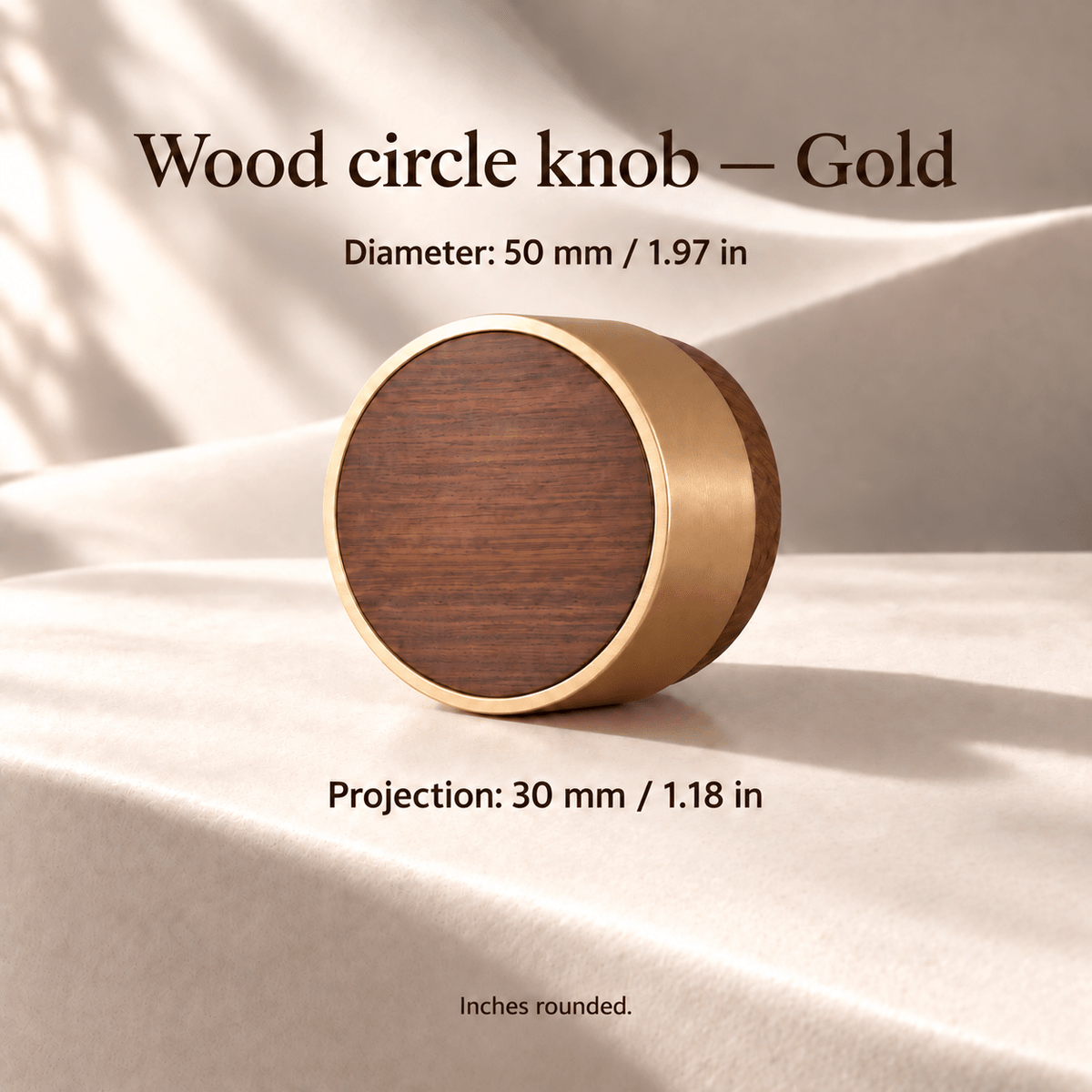 50 mm gold-rimmed wood circle cabinet knob, diameter and projection in mm and inches