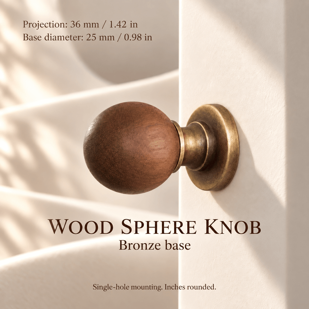 Wood sphere knob with bronze base — individual dimensions in millimeters and inches