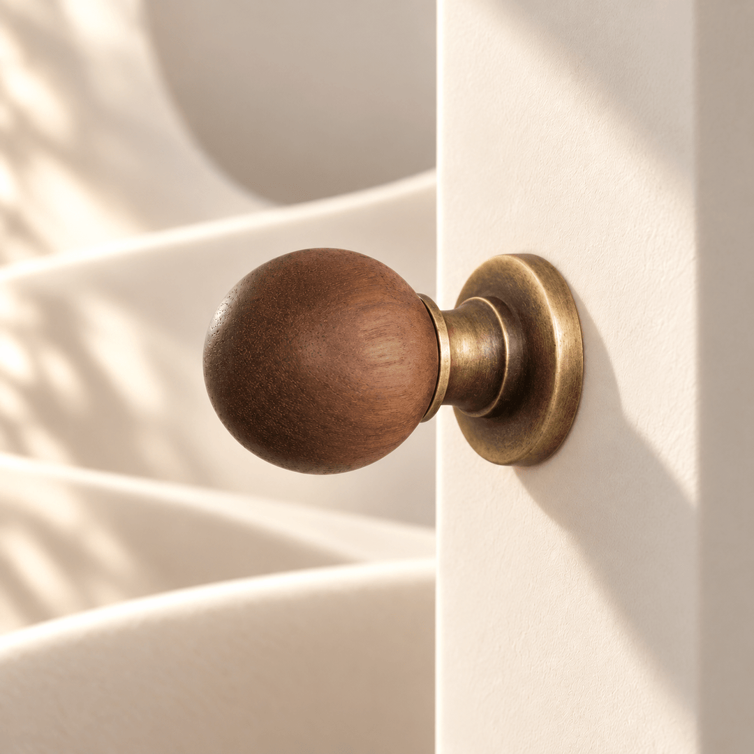 Wood sphere knob with bronze base — warm ivory stone studio