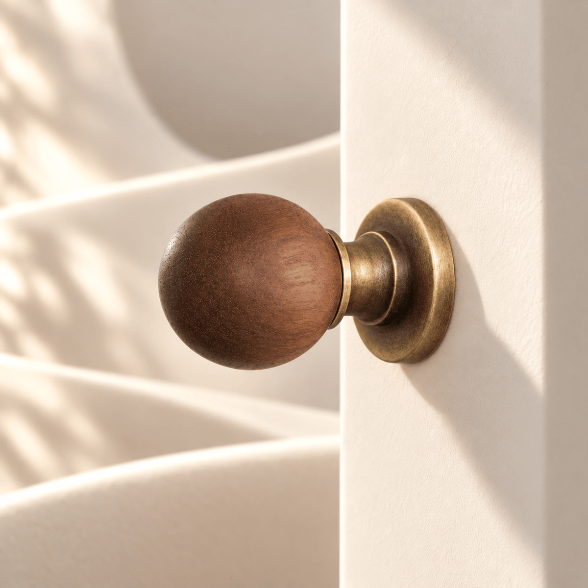 Wood sphere knob with bronze base — warm ivory stone studio