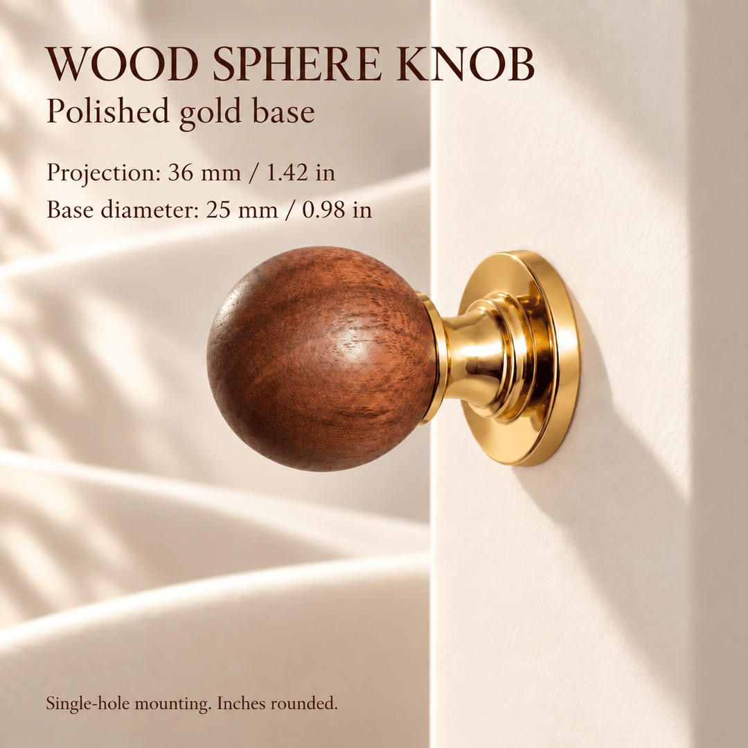 Wood sphere knob with gold base — individual dimensions in millimeters and inches