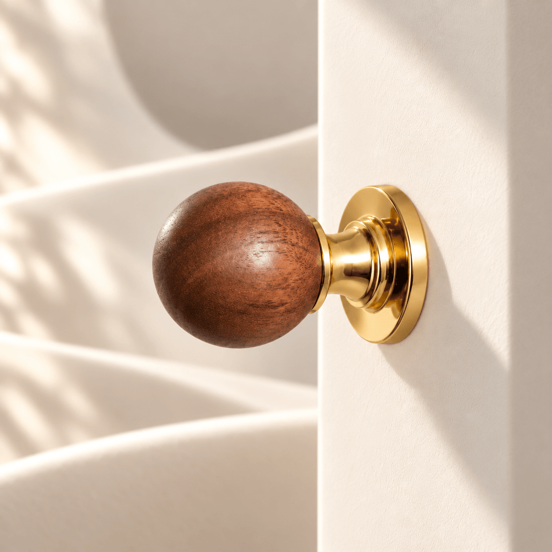 Wood sphere knob with gold base — warm ivory stone studio