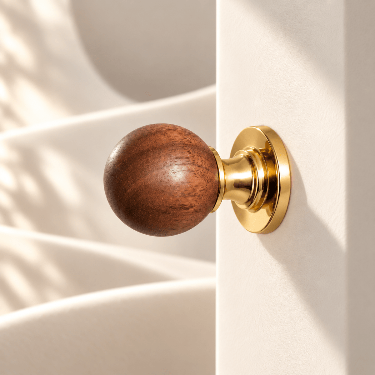 Wood sphere knob with gold base — warm ivory stone studio