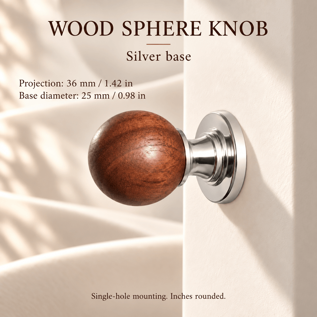 Wood sphere knob with silver base — individual dimensions in millimeters and inches
