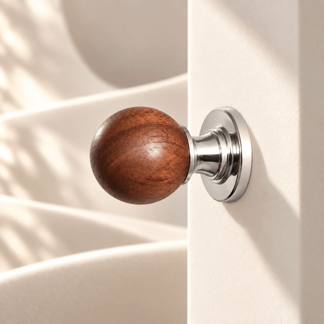 Wood sphere knob with silver base — warm ivory stone studio