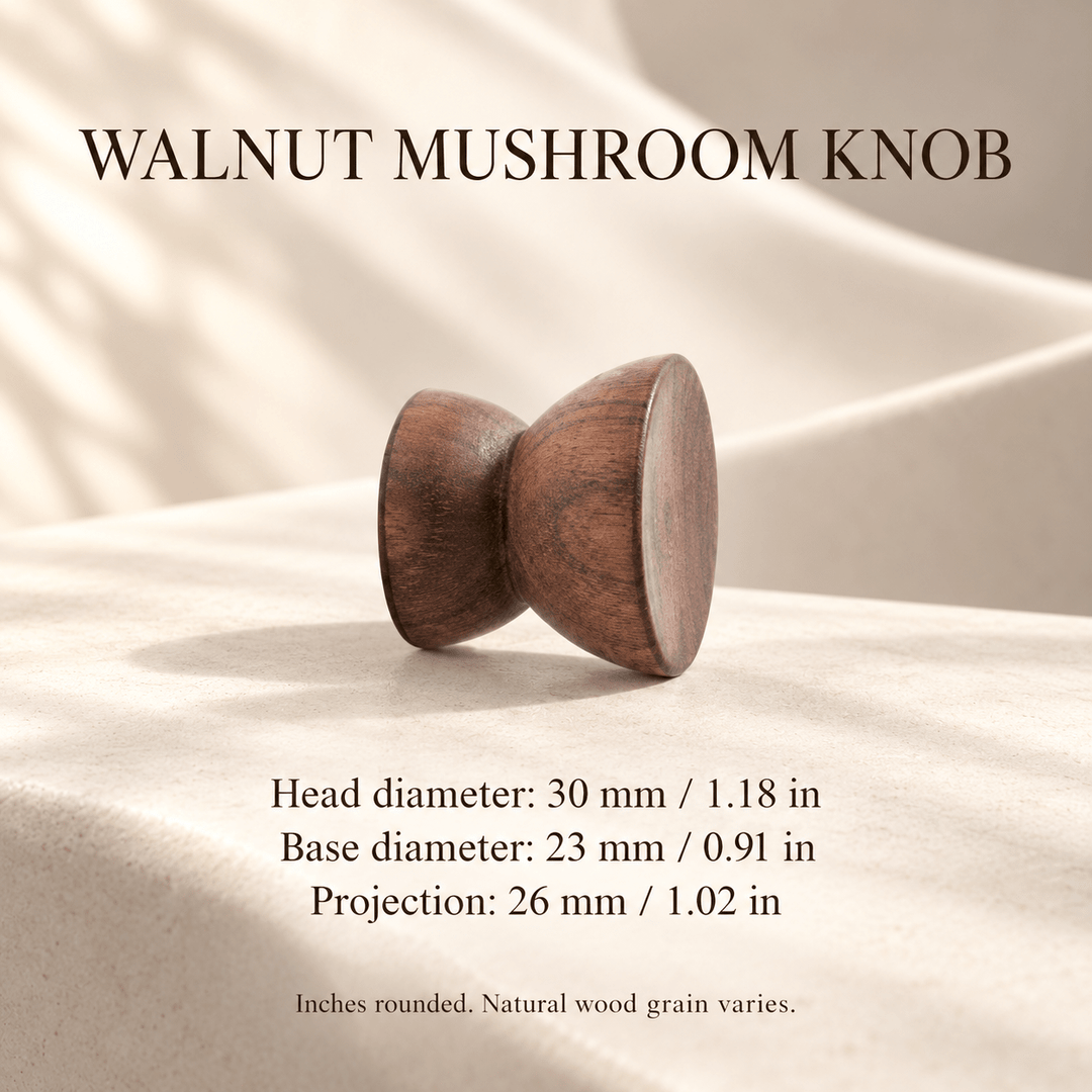 Walnut mushroom knob on ivory stone; head diameter 30 mm / 1.18 in, base diameter 23 mm / 0.91 in, projection 26 mm / 1.02 in